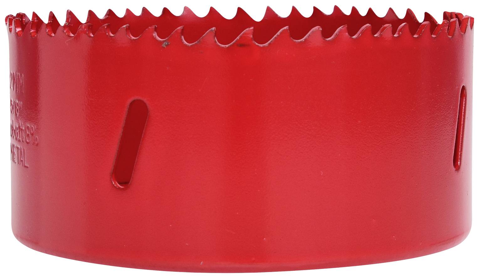 Ein rotes Lochsägeblatt mit gezacktem Rand, verwendet zum Schneiden runder Löcher in Materialien wie Holz oder Metall.