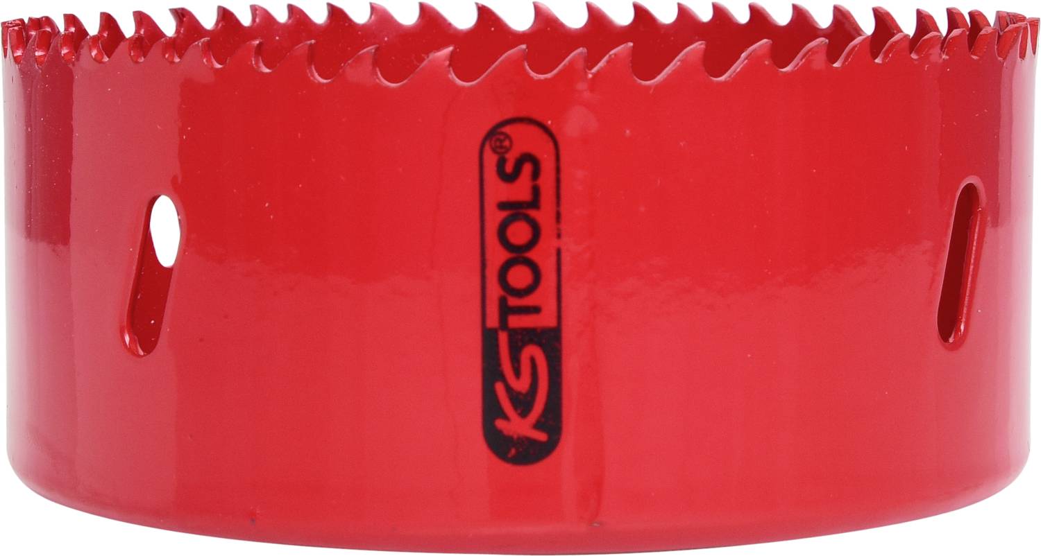 Ein roter, gezackter Lochsäge-Aufsatz mit dem Logo 'KS Tools' auf der Seite.