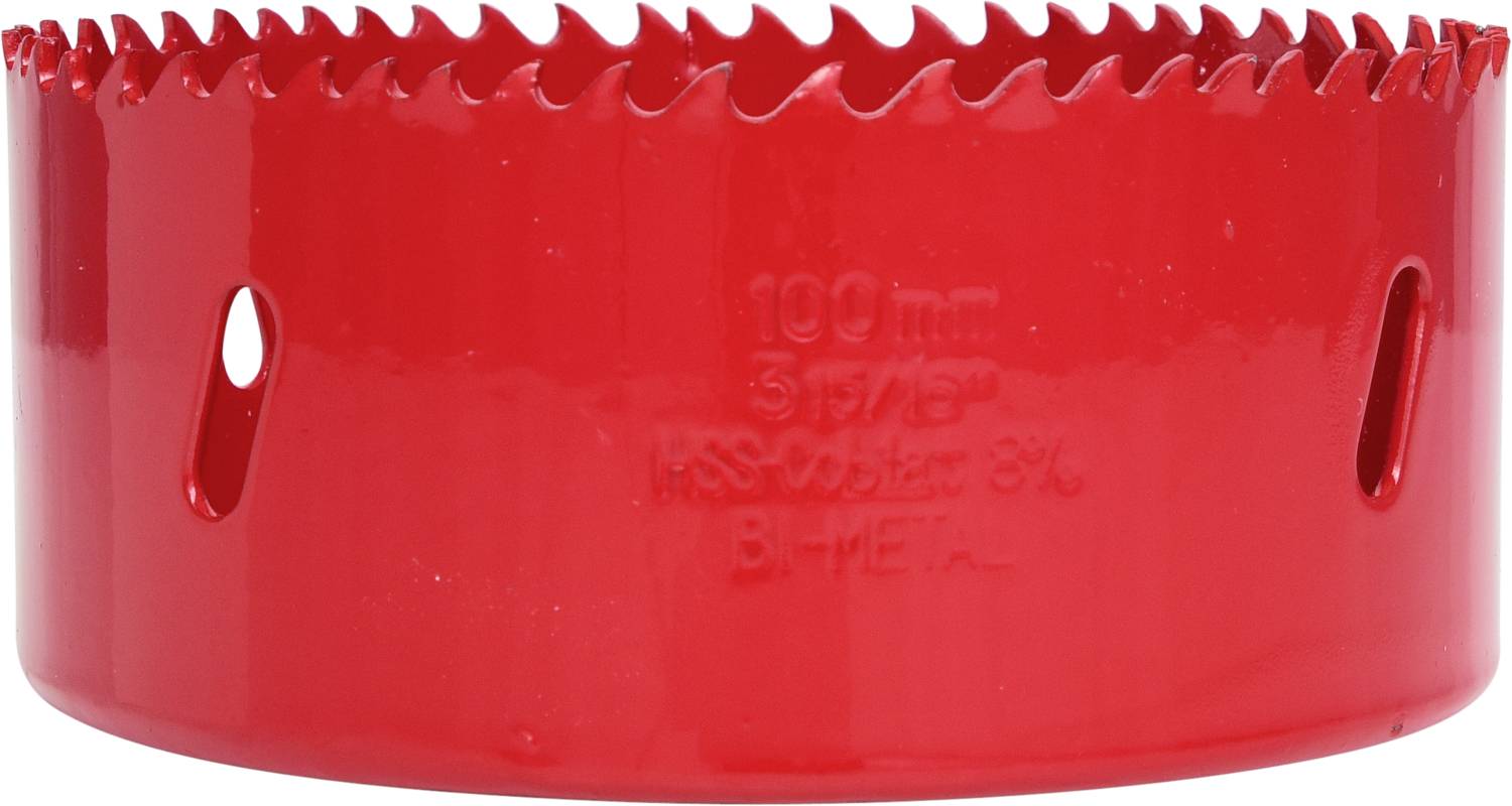 Rotes Lochsägeblatt mit scharfen Zähnen, Beschriftung '100mm 3 7/8''. Geeignet zum Bohren großer Löcher in Holz oder Metall.