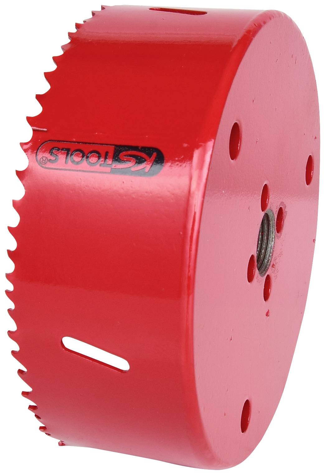 Ein roter Lochsägeaufsatz aus Metall mit Zahnung an einer Seite und mehreren Löchern zur Befestigung.