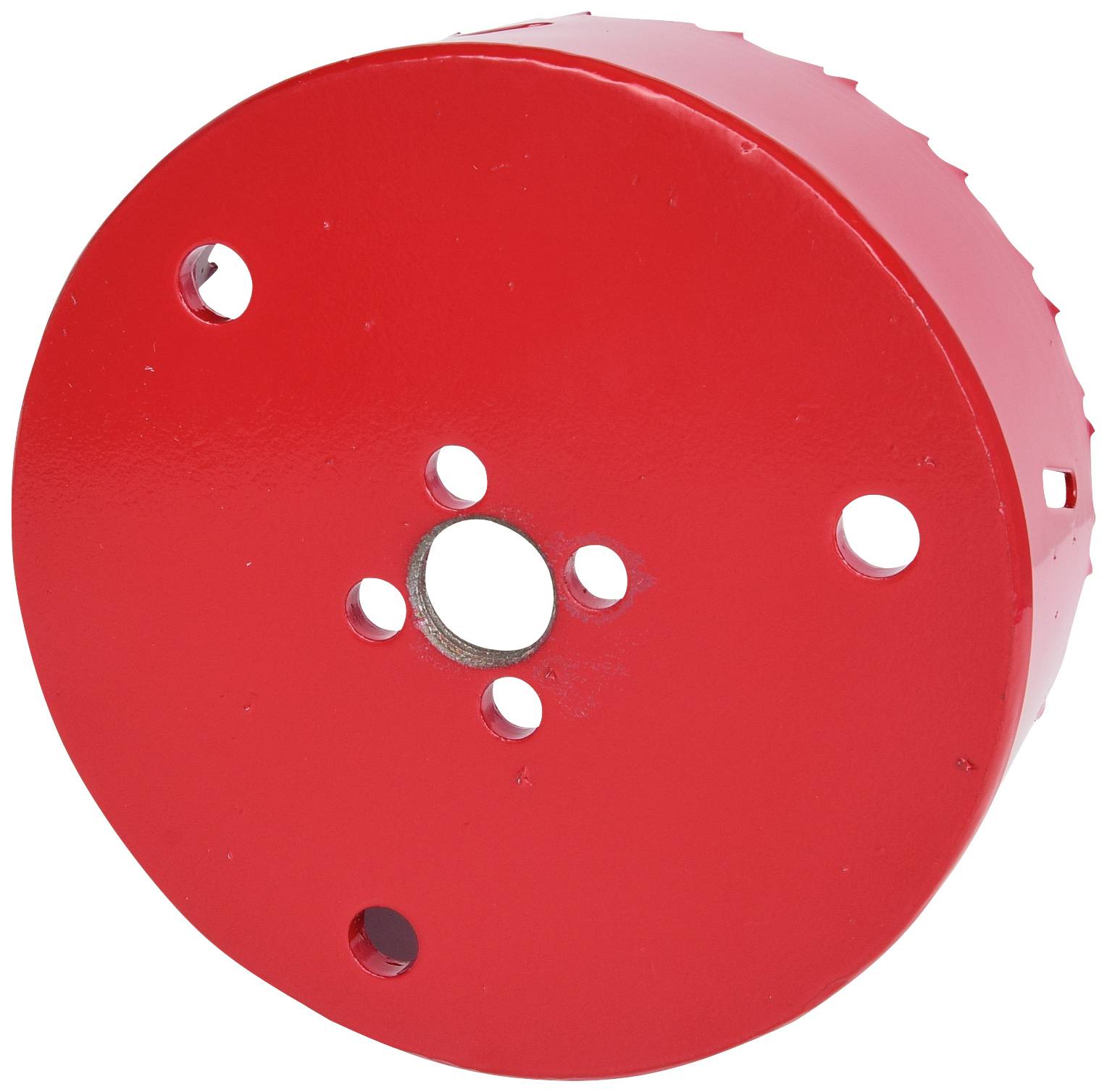 Runder roter Metallflansch mit mehreren Löchern, vermutlich zur Befestigung oder als Teil einer Maschine.