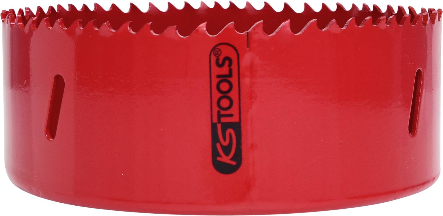 Roter Lochsäge-Aufsatz mit gezacktem Rand und dem Aufdruck 'KS Tools', geeignet für das Bohren großer Löcher in Materialien.