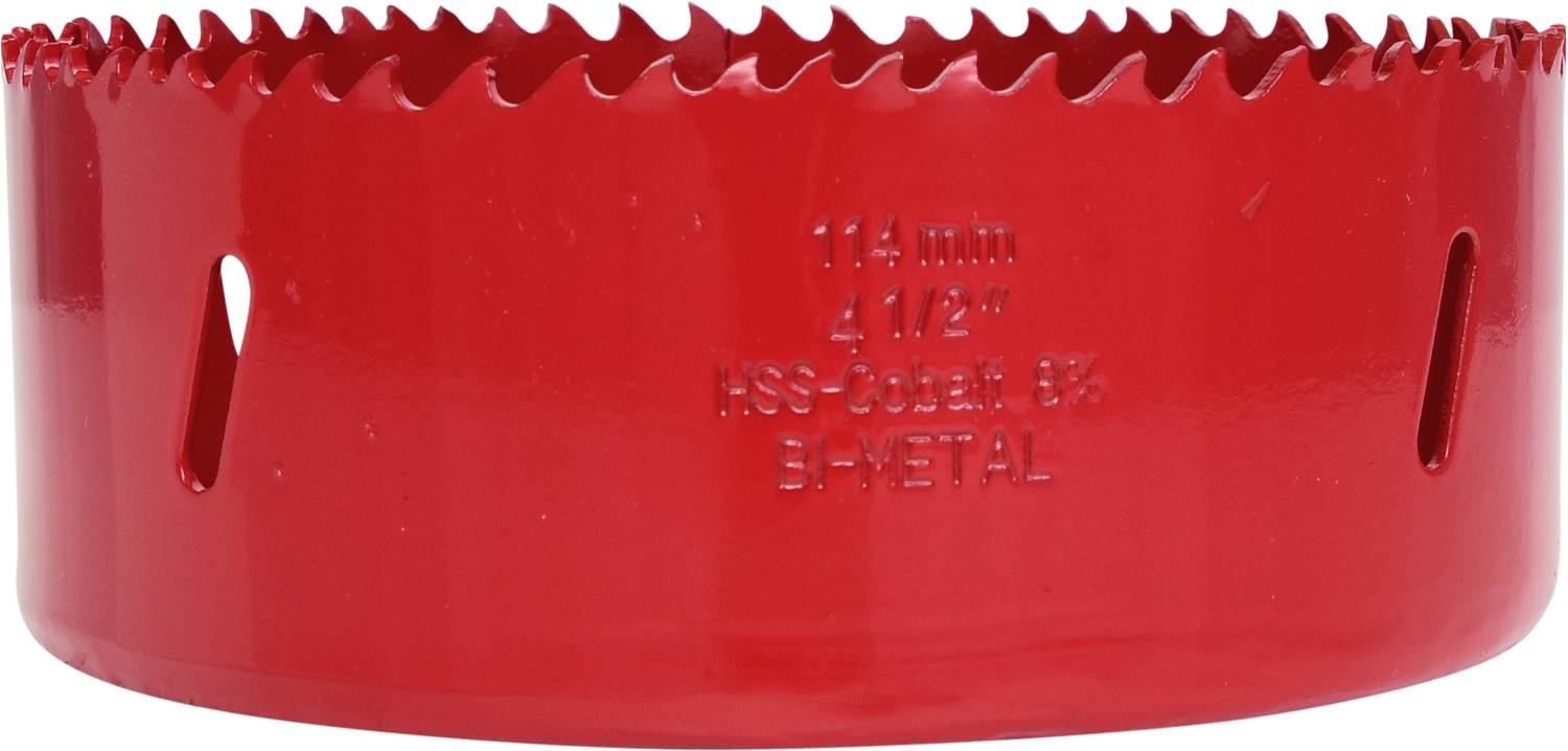 Ein rotes Bi-Metall-Lochsägeblatt mit einem Durchmesser von 114 mm, geeignet für Holz- und Metallbearbeitung.