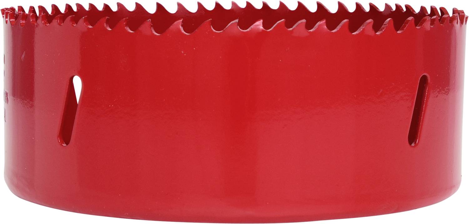 Metall-Lochsäge mit runden Zähnen, rot lackiert, zum Bohren großer Löcher in verschiedene Materialien.