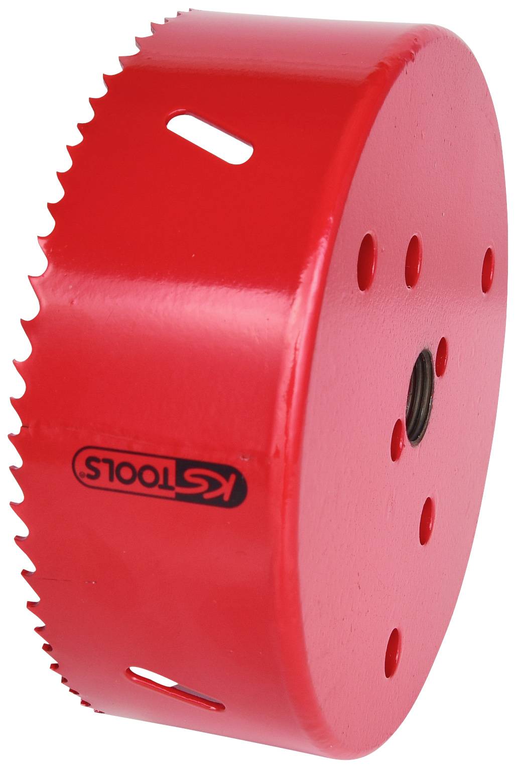 Rote Lochsäge mit gezackter Schneide und mehreren Löchern, Markenlogo 'KS TOOLS' sichtbar. Werkzeug für präzises Bohren.