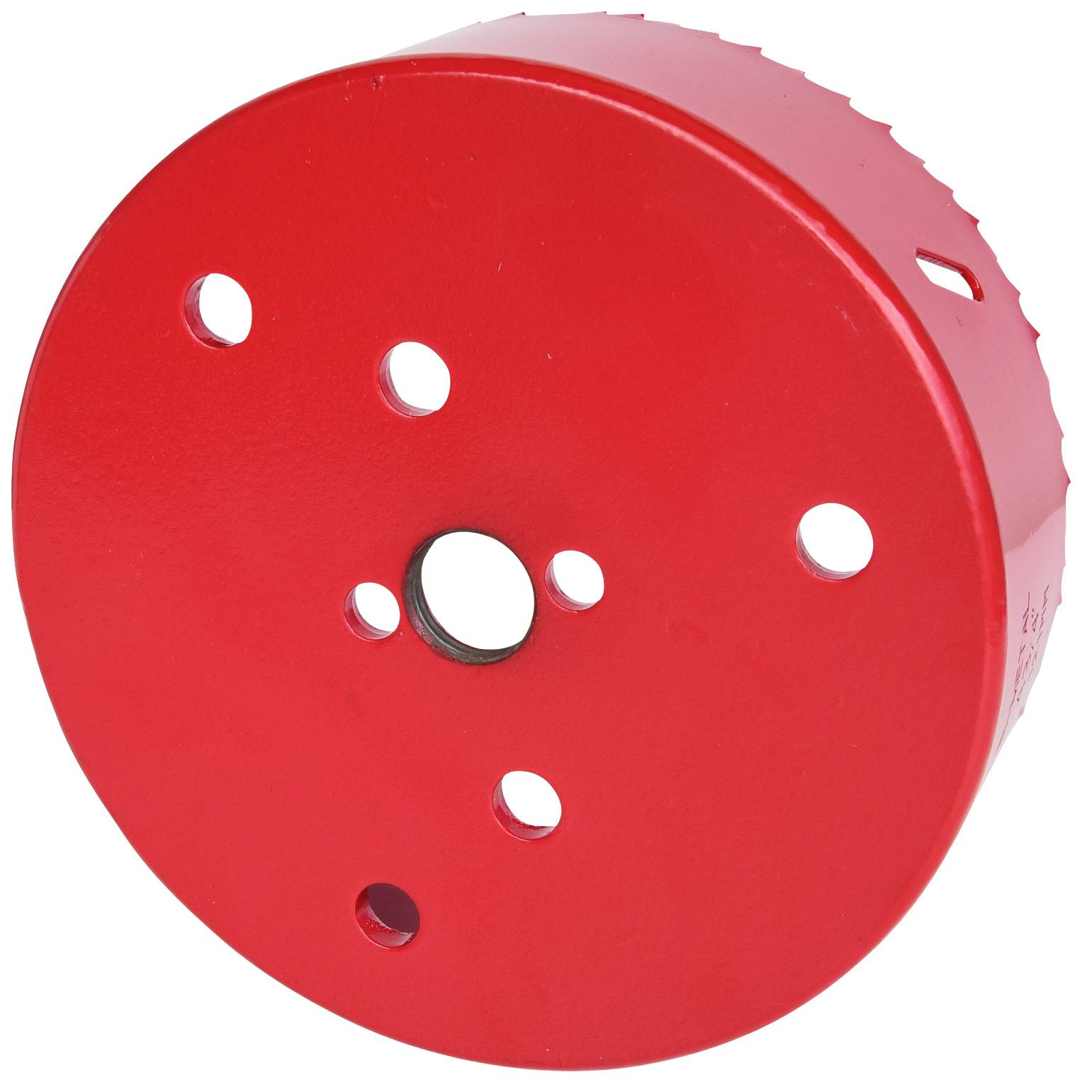 Roter Lochsägeaufsatz mit mehreren Bohrlöchern, geeignet für die Holzbearbeitung.