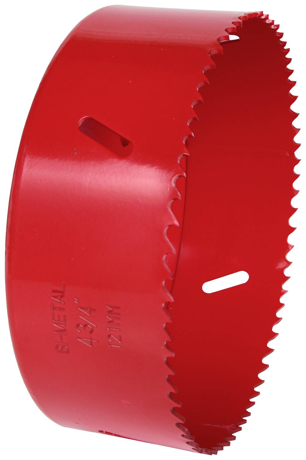 Ein rotes Metallsägeblatt mit groben Zähnen, zylindrische Form, seitliche Öffnung. Eignet sich für Bohrarbeiten in Holz und Metall.