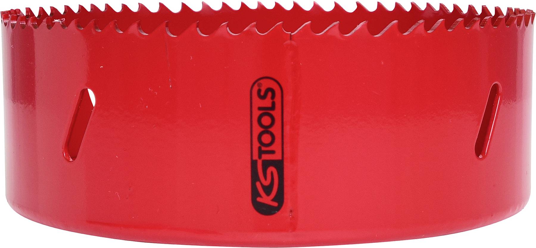Roter Lochsägeaufsatz mit scharfen Zähnen am oberen Rand. Der Aufsatz hat Schlitze an den Seiten und das Logo 'KS Tools' aufgedruckt.