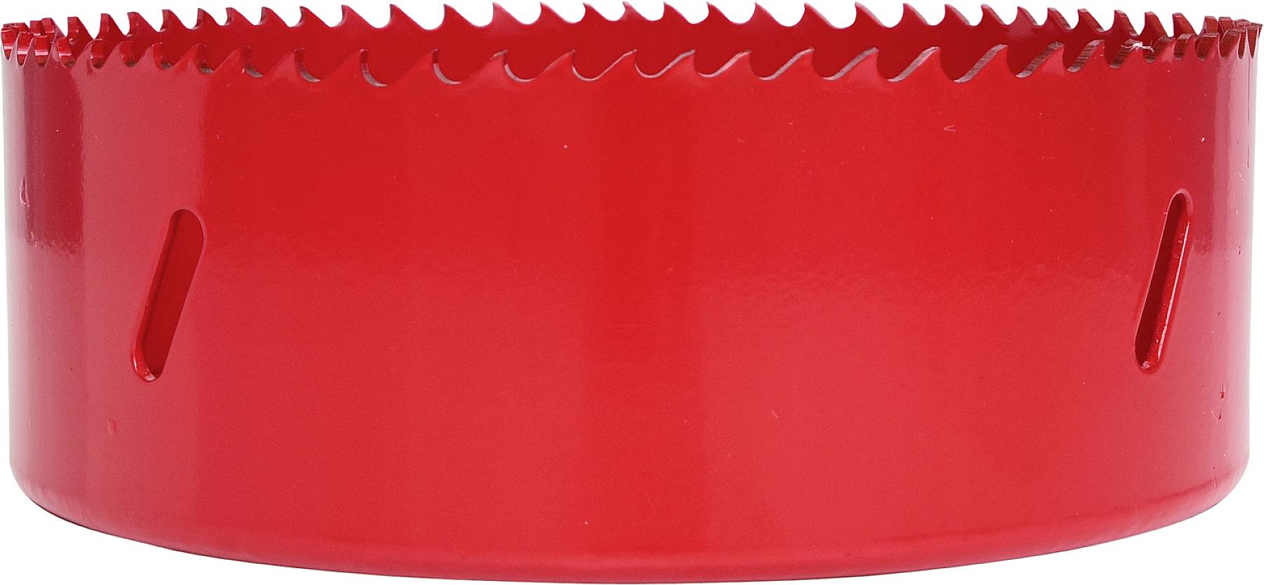 Rotes Lochsägenblatt mit scharfen Zähnen, zylindrische Form, geeignet für Holz- und Metallbearbeitung.