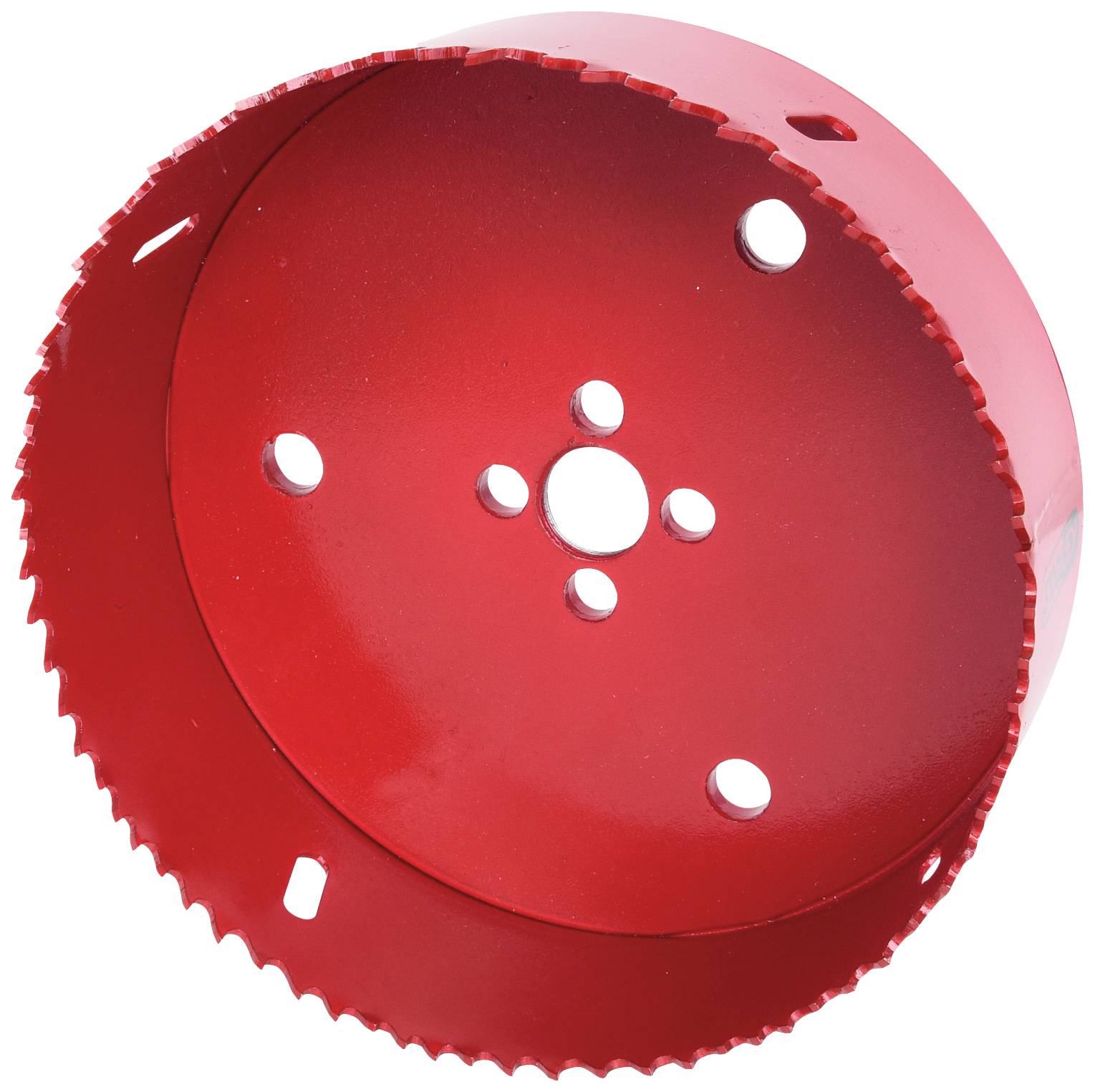 Rotes Lochsägeblatt mit gezackter Kante und mehreren runden Löchern, verwendet zum präzisen Schneiden in verschiedene Materialien.