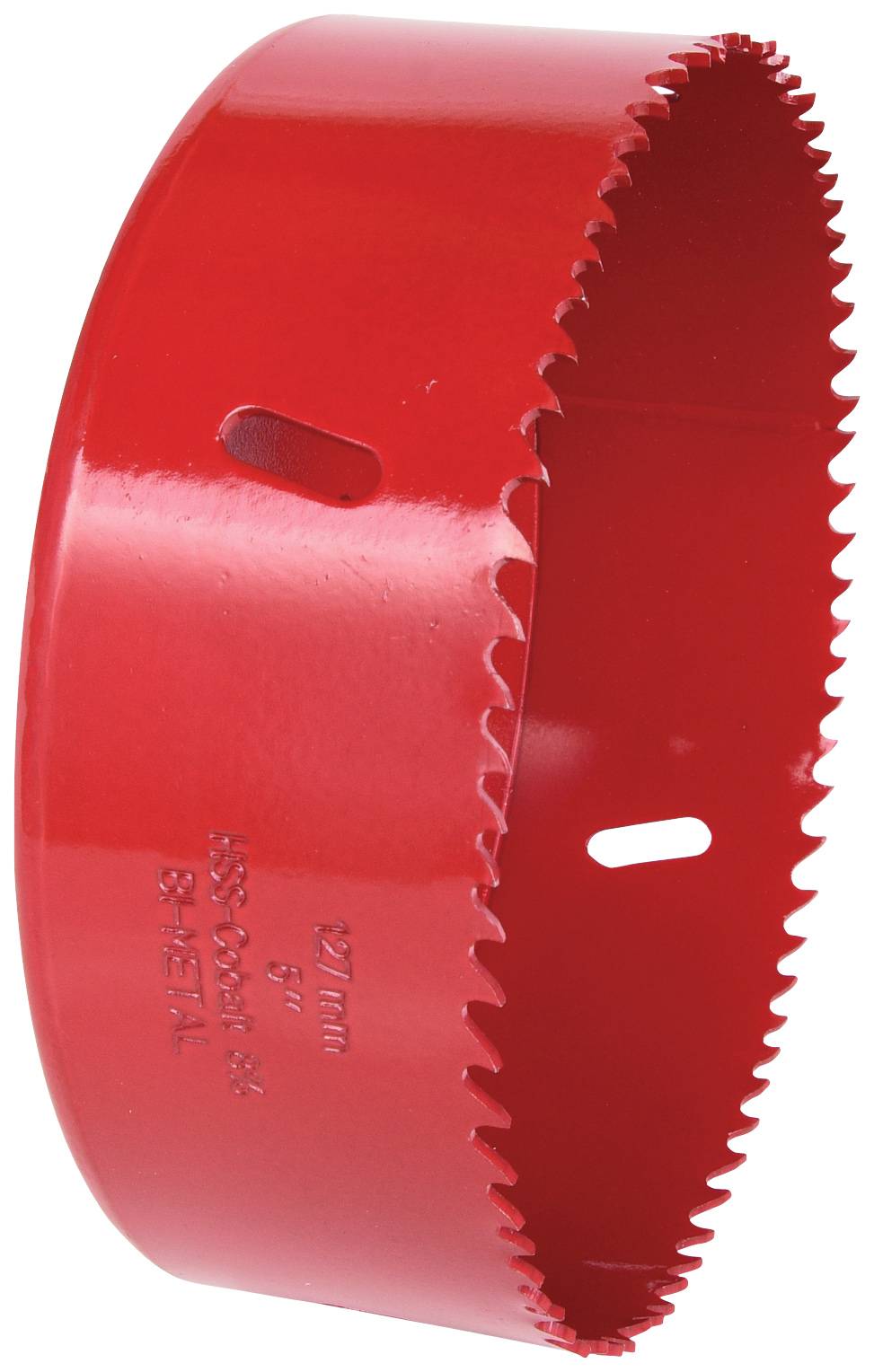 Rundes, rotes Sägeblatt mit scharfen Zähnen, seitlicher Blick. 127 mm Durchmesser, für Metallschnitte geeignet.