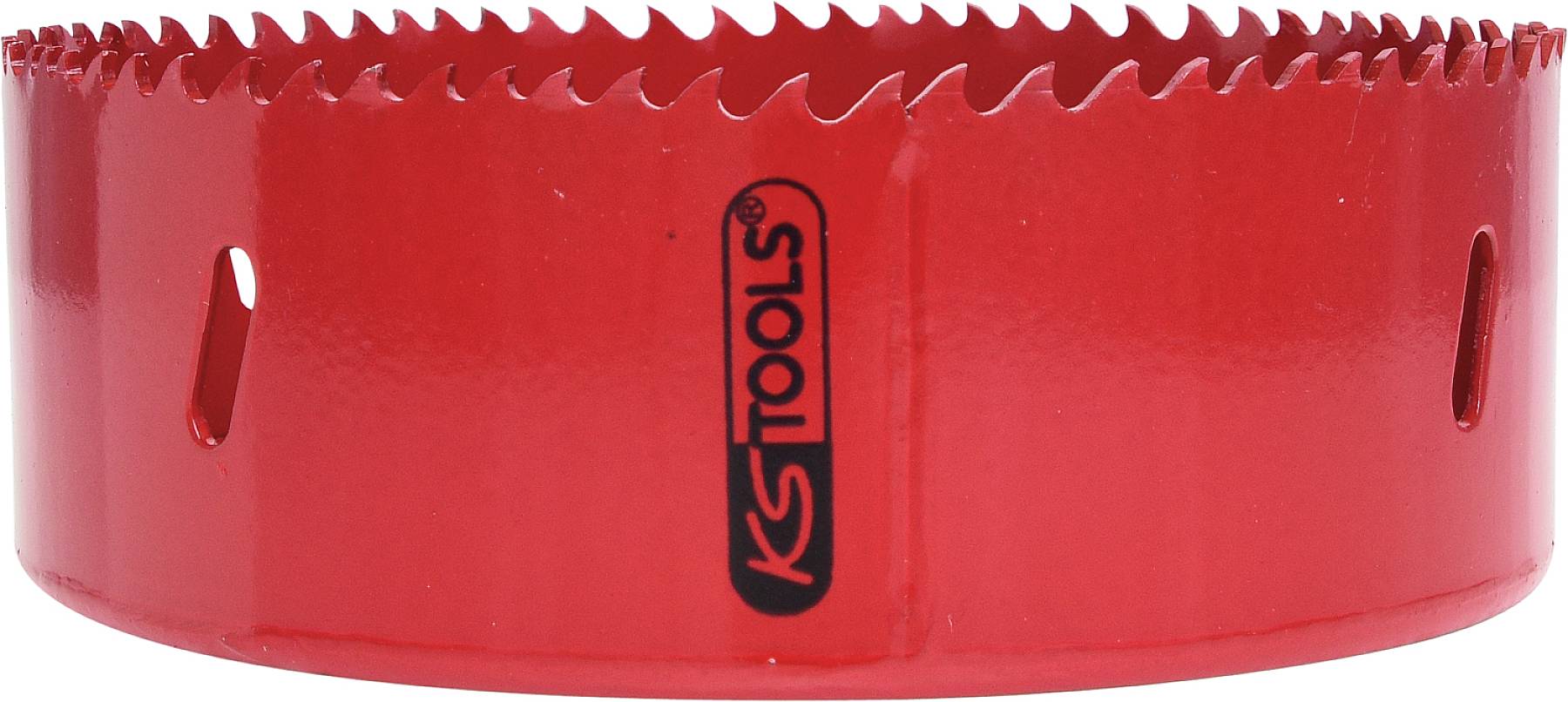 Rotes Lochsägeblatt mit scharfen, gezahnten Kanten und der Aufschrift 'KS Tools'. Verwendet zum Bohren großer Löcher in Material.