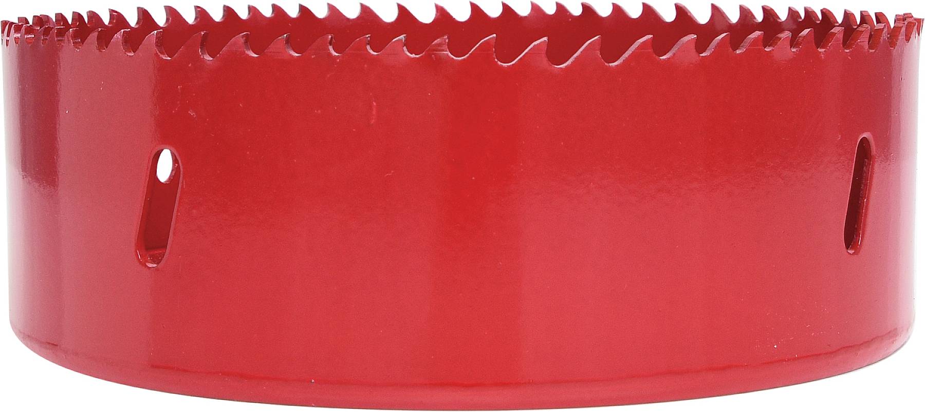 Ein roter Lochsägenaufsatz mit scharfen Zähnen, geeignet für Bohraufsätze, wird aus einer perspektivischen Ansicht gezeigt.