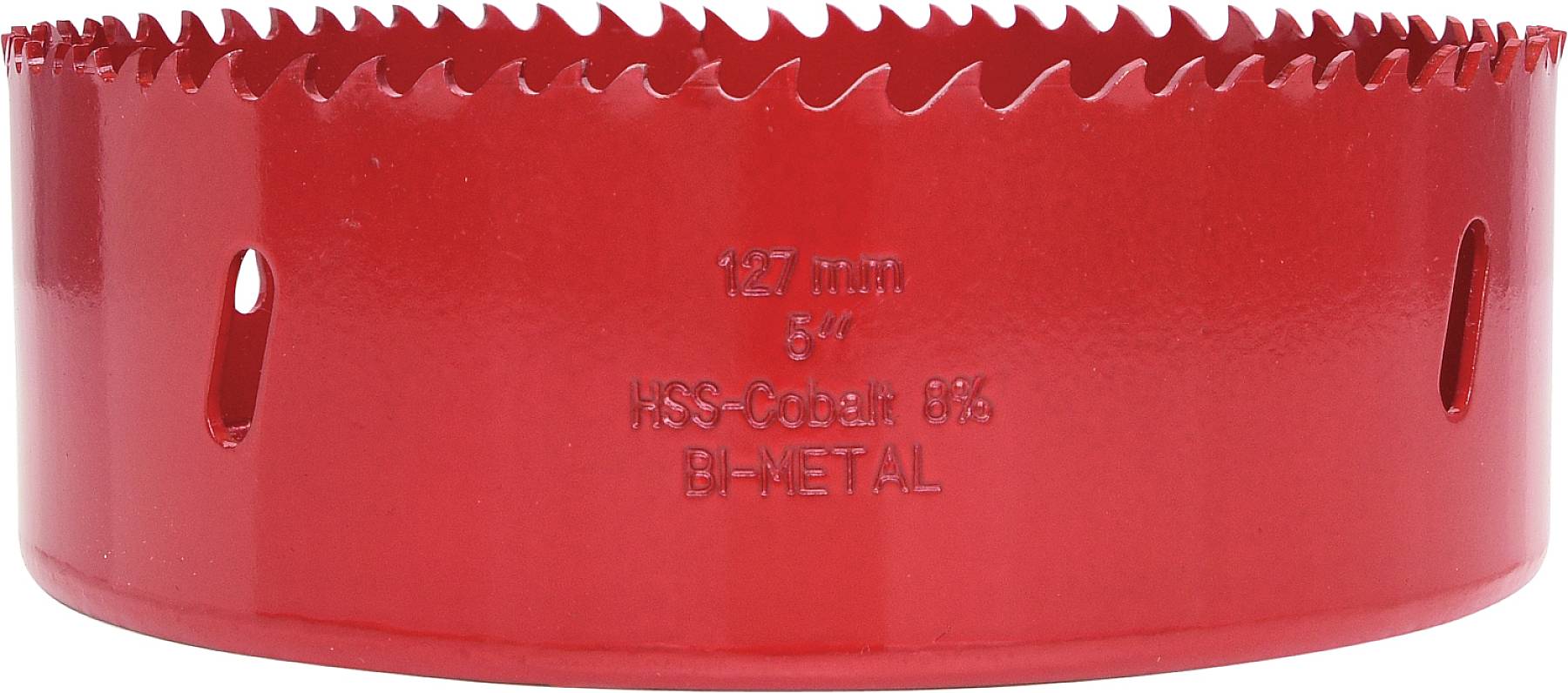 Ein rotes Bimetall-Lochsägeblatt mit einer Größe von 127 mm (5