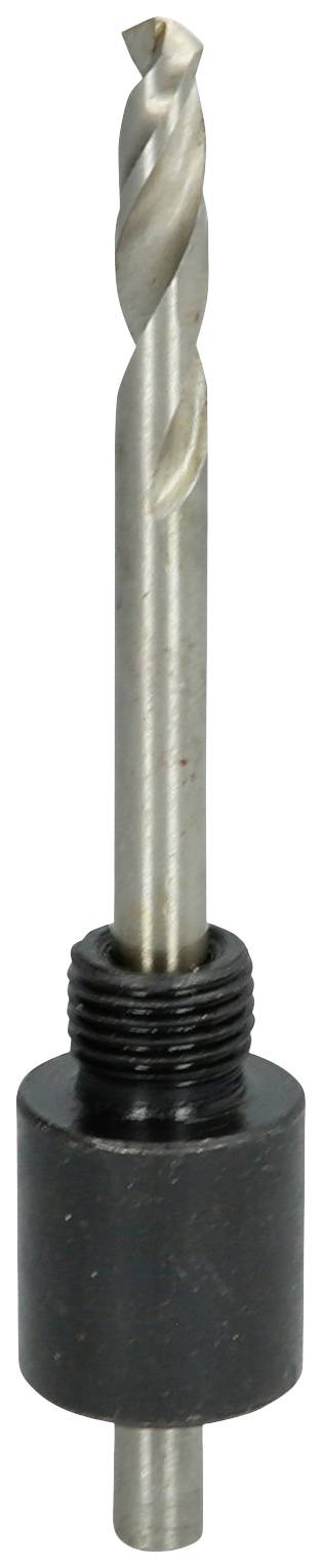 Ein Metallbohrer mit einer schwarzen, zylindrischen Basis und einem silbernen, spiralförmigen Bohreraufsatz.