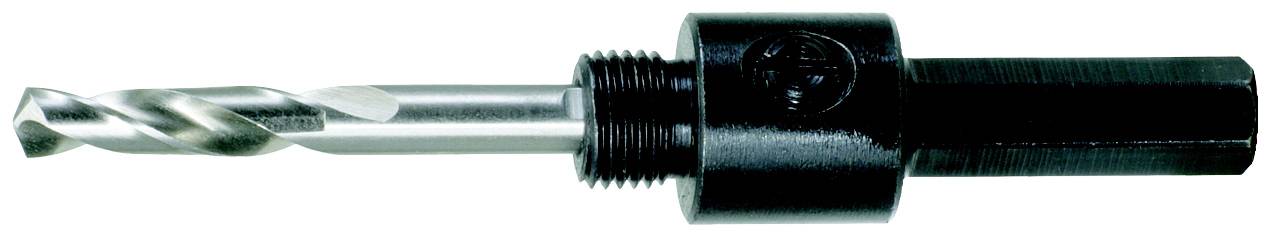 Ein Metallbohrer mit schwarzem Griff und silberner Spitze, bereit für den Einsatz in einer Bohrmaschine zur Holzbearbeitung.