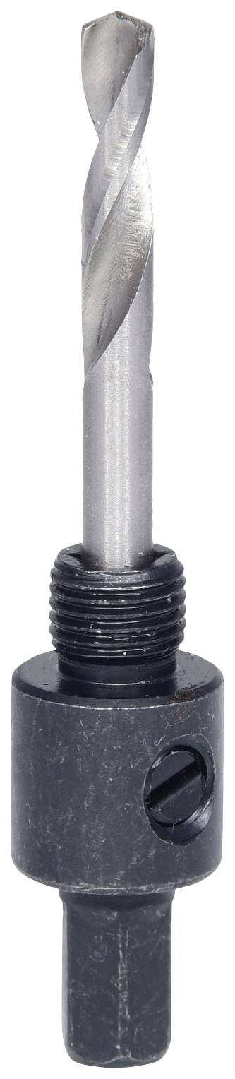 Bohrer mit Adapter für präzises Bohren in verschiedenen Materialien, zeigt Metallbohrer befestigt an schwarzer Halterung.