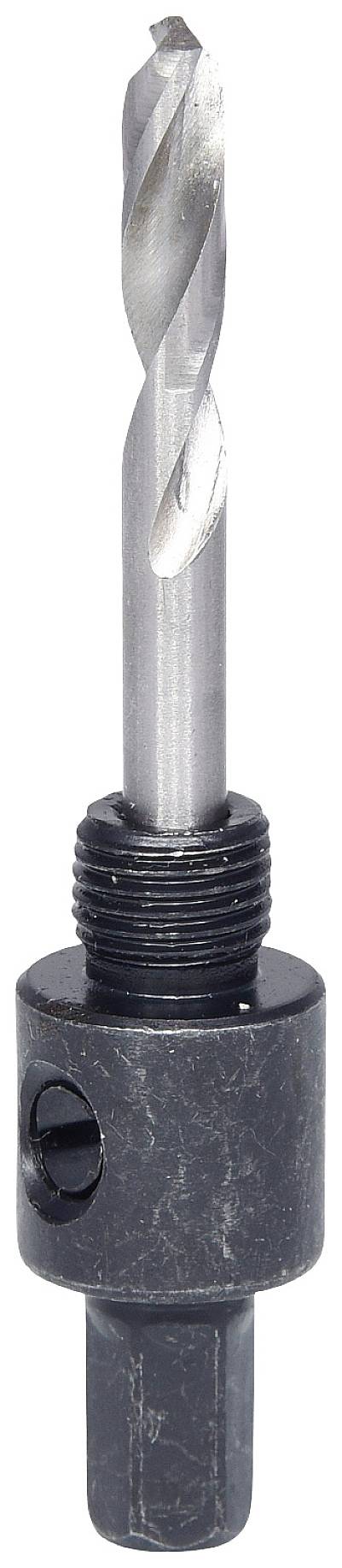 Bohraufsatz aus Metall mit spiralförmigem Schneidekopf, geeignet für Holz- und Metallbearbeitung.