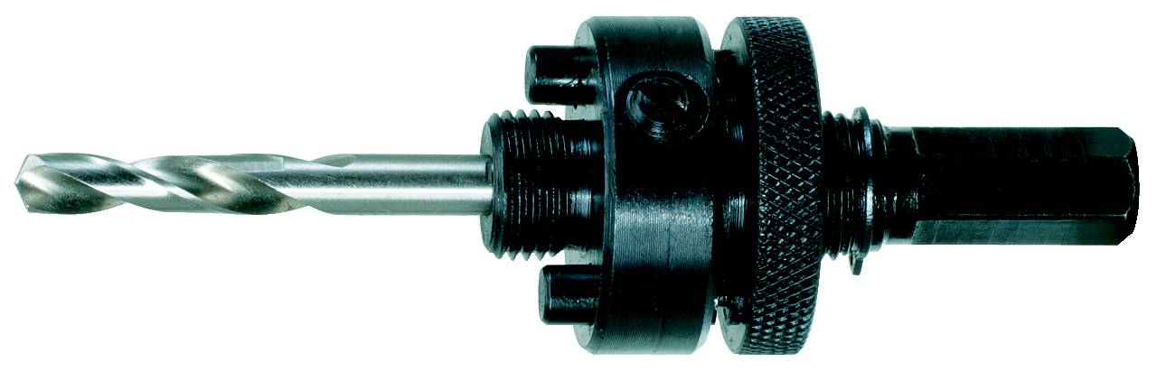 Metallbohrkrone mit integriertem Spannfutter und Spiralbohrer, geeignet für die Bearbeitung von Metalloberflächen.