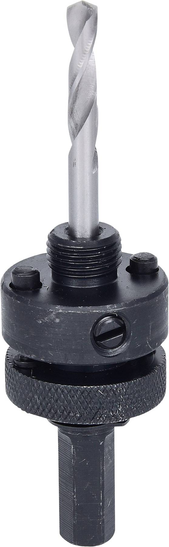 Bohrfutter mit eingesetztem Spiralbohrer, geeignet zum Bohren in Holz oder Metall.