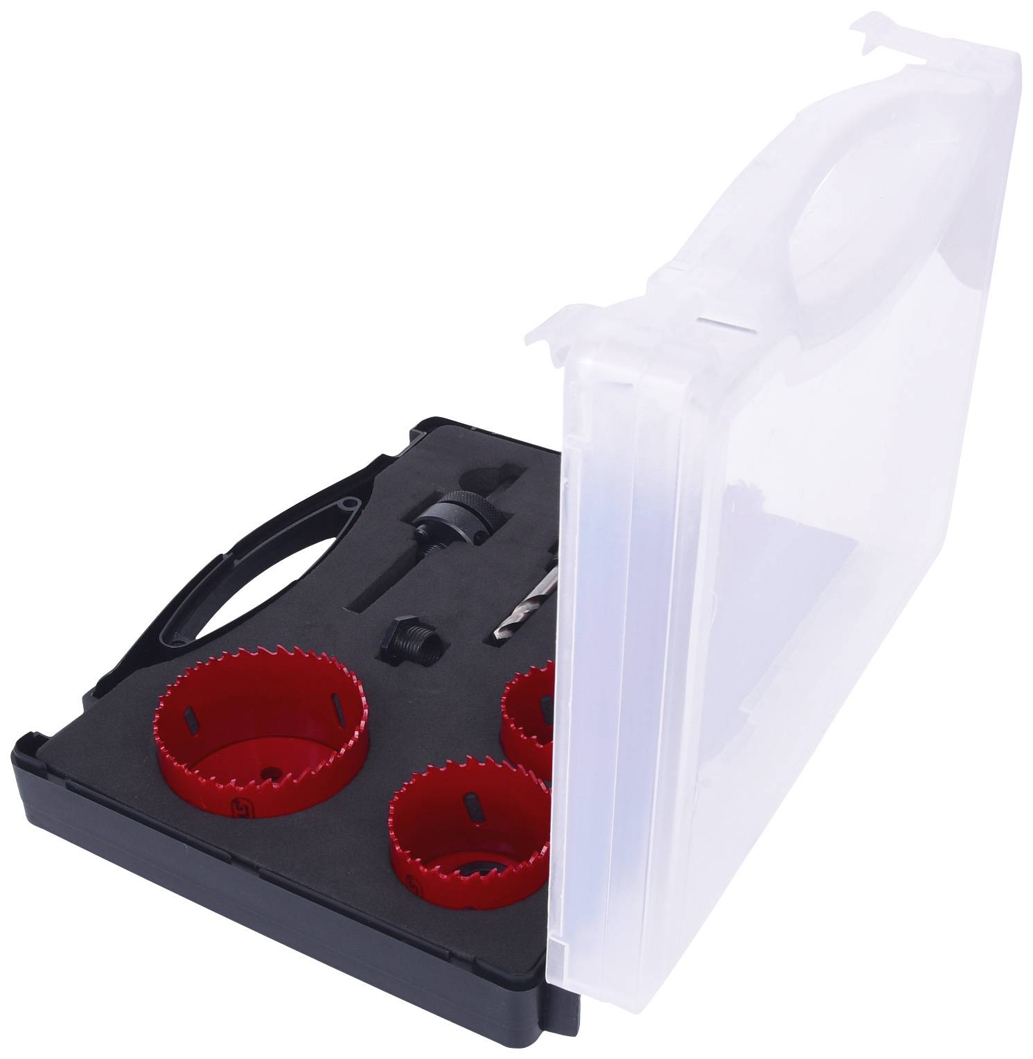 Werkzeugkoffer mit roten Lochsägen verschiedener Größen und einem Bohrer, geöffnet zur Ansicht der Werkzeuge.