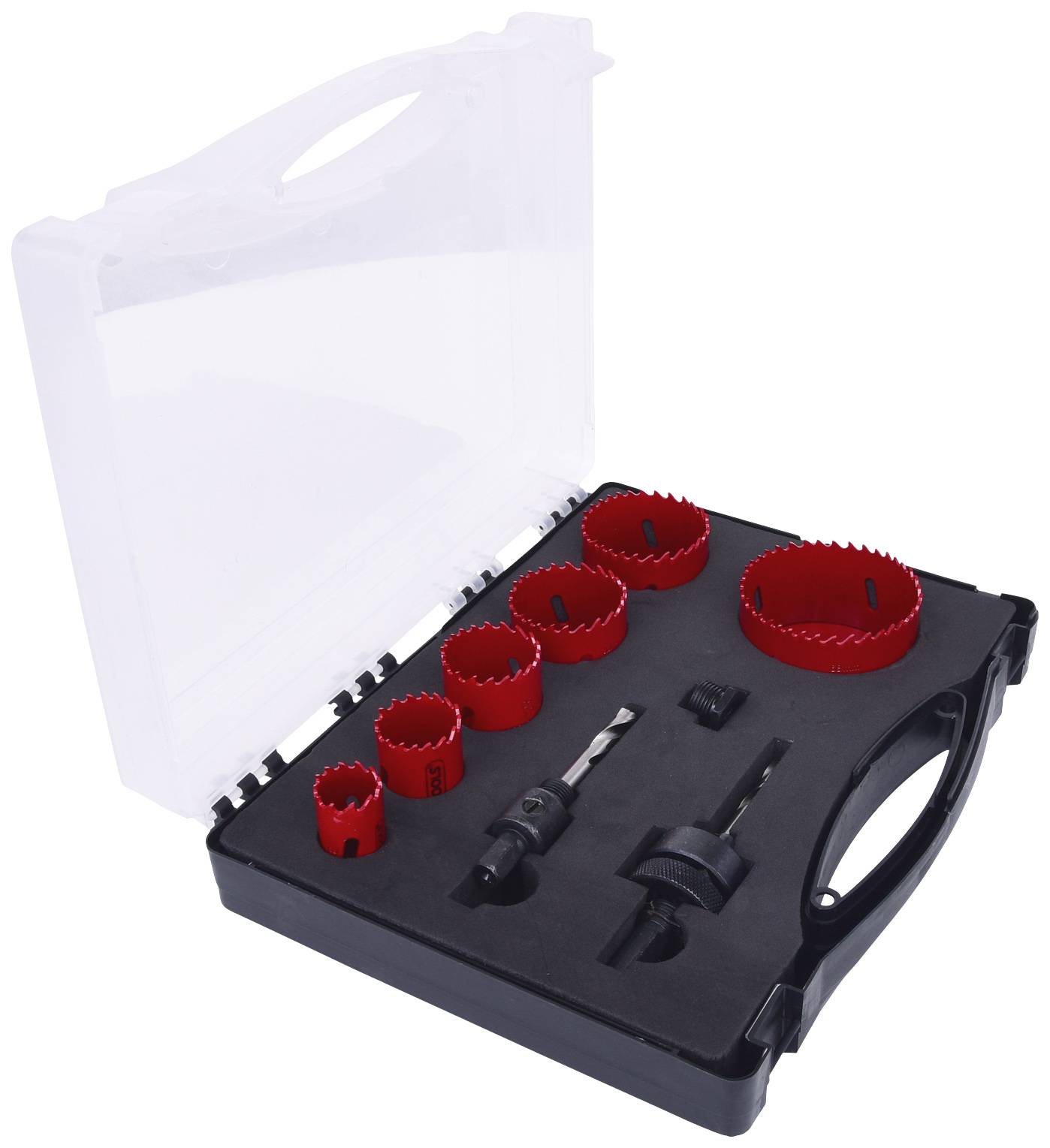 Ein Satz von sechs roten Lochsägen mit zwei Aufsätzen und Bohrern in einem schwarzen Kunststoffkoffer mit transparentem Deckel.