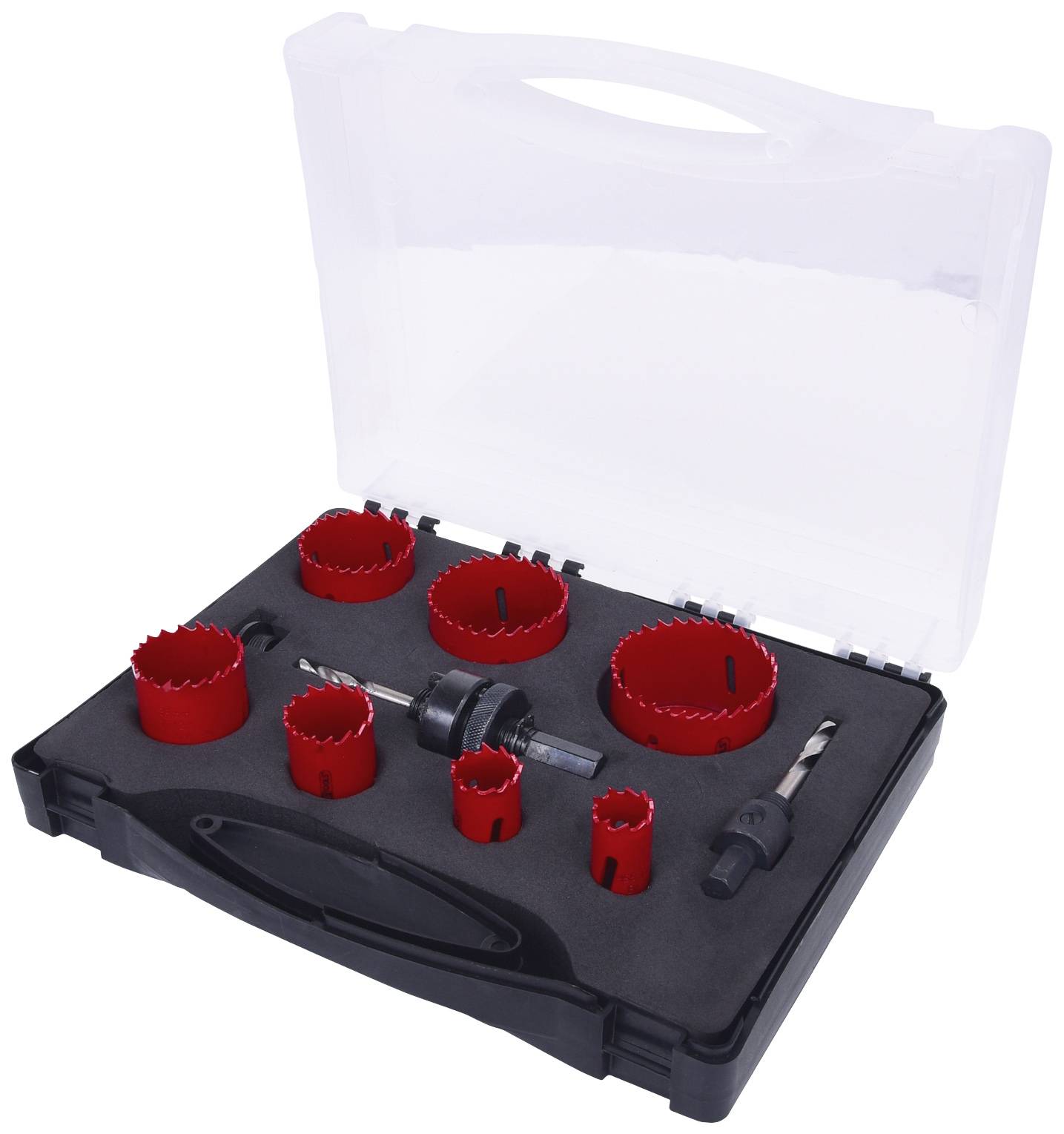 Bohrkronenset in einem offenen Kunststoffkoffer. Enthält verschiedene rote Bohrkronenaufsätze und Zubehörteile auf schwarzem Schaumstoff.