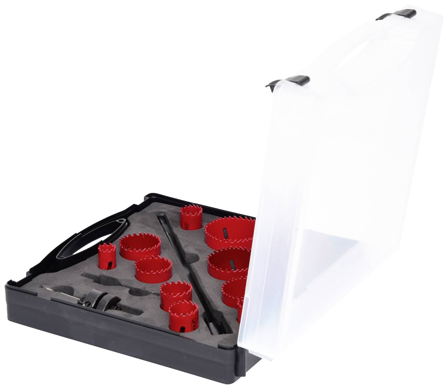 Roter Lochsäge-Set in einem schwarzen Hartplastik-Transportkoffer mit offenem Deckel, verschiedene Größen der Lochsägen sichtbar.