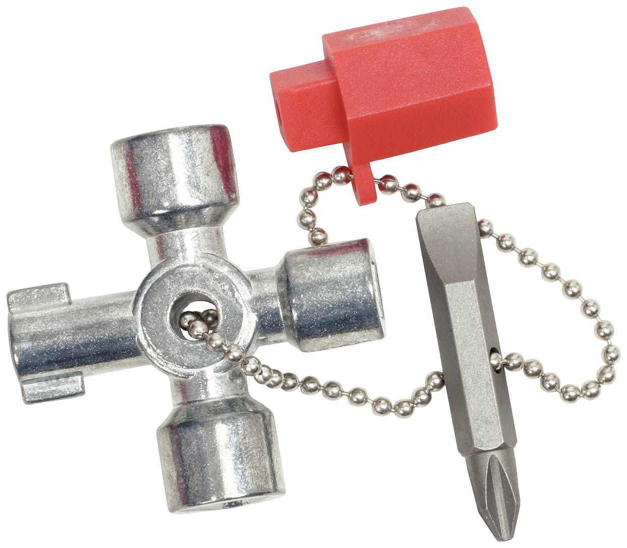 Ein silberner Vierkantschlüssel und ein roter Adapter, verbunden durch eine Kette, neben einem Schraubendreheraufsatz.