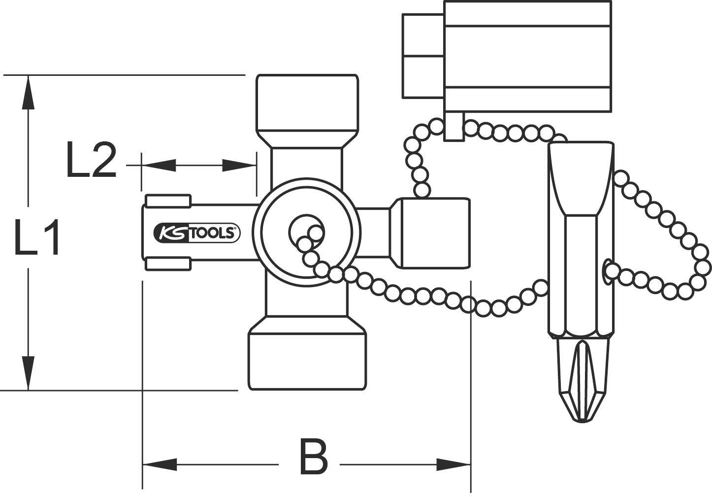 Technische Zeichnung eines KS TOOLS Ventils: zeigt Maße L1, L2, und B. Links L1, rechts L2. Schraubendreher am rechten Ende.