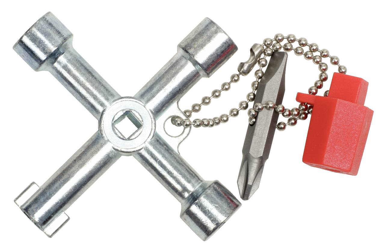 Kreuzschlüssel aus Metall mit vier Stecknüssen und einem anhängenden Schraubendreherbit sowie rotem Plastikteil an einer Kette.