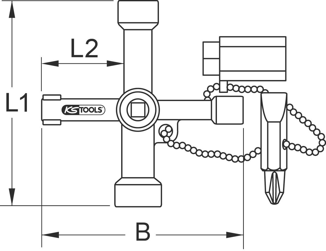 'Flächenmaß des 4-Wege Rohrleitungsschlüssels'. Vier Arm-Schenkelschlüssel mit Kette und Schraubendrehereinsatz. Beschriftet mit 'KS TOOLS'.