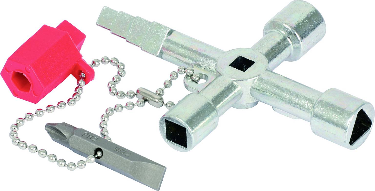 Ein silberner Vierkantschlüssel mit Kette und einem kleinen roten Adapter. Wird oft für Hausanschlusskästen und Schaltschränke verwendet.