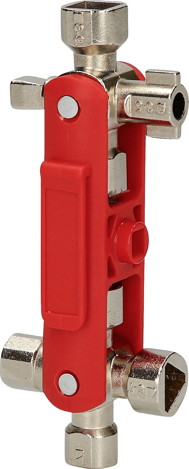Ein roter Kreuzschlüssel mit vier unterschiedlichen Stecknüssen, jeweils an den Enden der Kreuzarme angeordnet, für vielseitige Anwendungen.