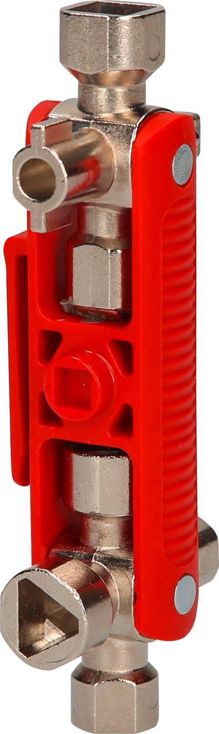 Ein rotes, multifunktionales Werkzeug mit mehreren Steckaufsätzen zur Installation von sanitären oder heizungsbezogenen Armaturen.