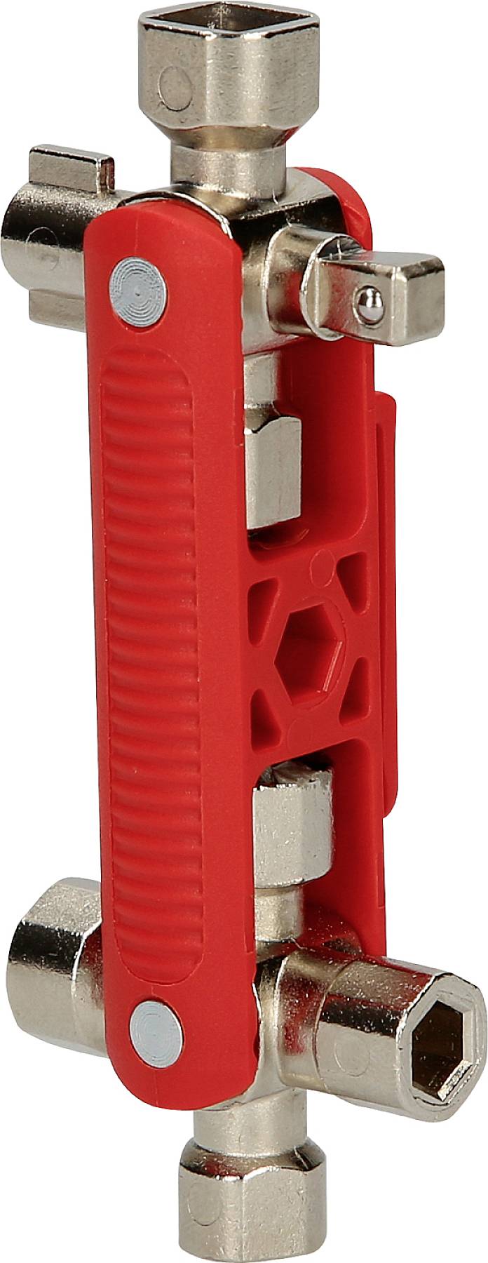 Ein rotes multifunktionales Werkzeug mit mehreren Steckschlüsseln und Drehpunkten, geeignet für universelle Anwendungen.