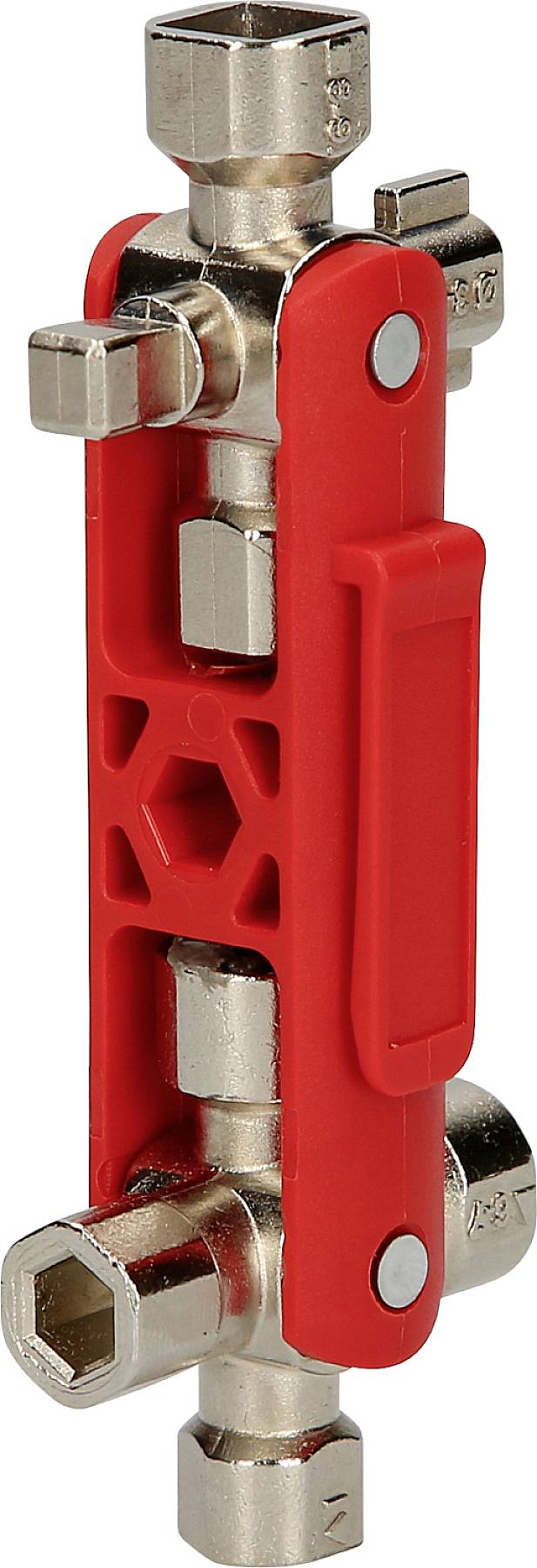 Ein roter Universalschlüssel mit mehreren Stecknüssen für verschiedene Schrauben und Ventile. Ideal für Installationsarbeiten und Wartung.