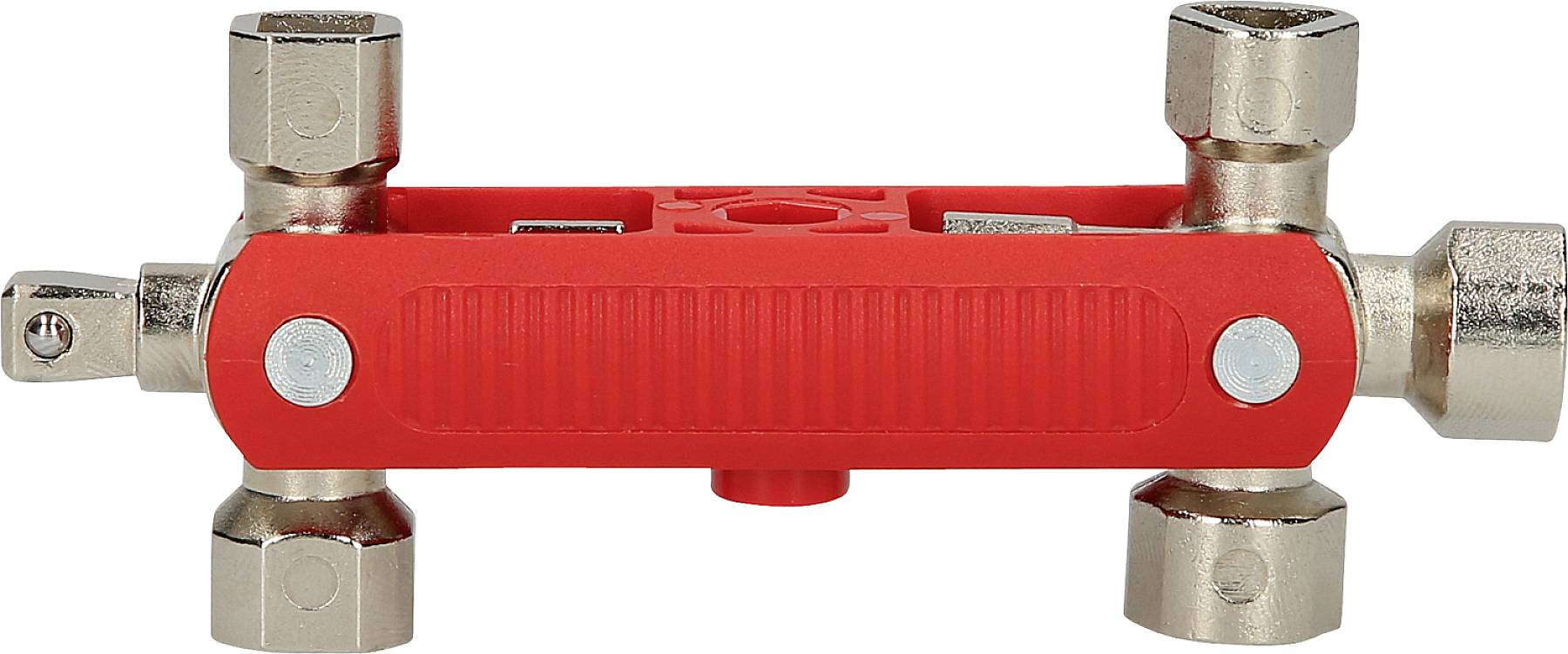 Ein silber- und rotfarbiger Vierkantschlüssel mit mehreren Steckschlüsseln, geeignet für verschiedene Ventile und Industrieanwendungen.