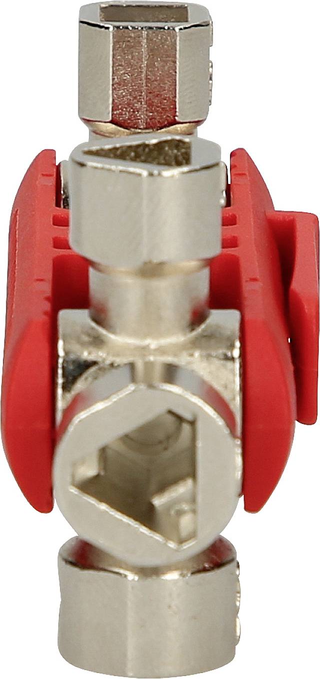 Ein sechseckiger Metalladapter mit roten Kunststoffelementen, möglicherweise ein Werkzeug oder eine Verbindungskomponente.