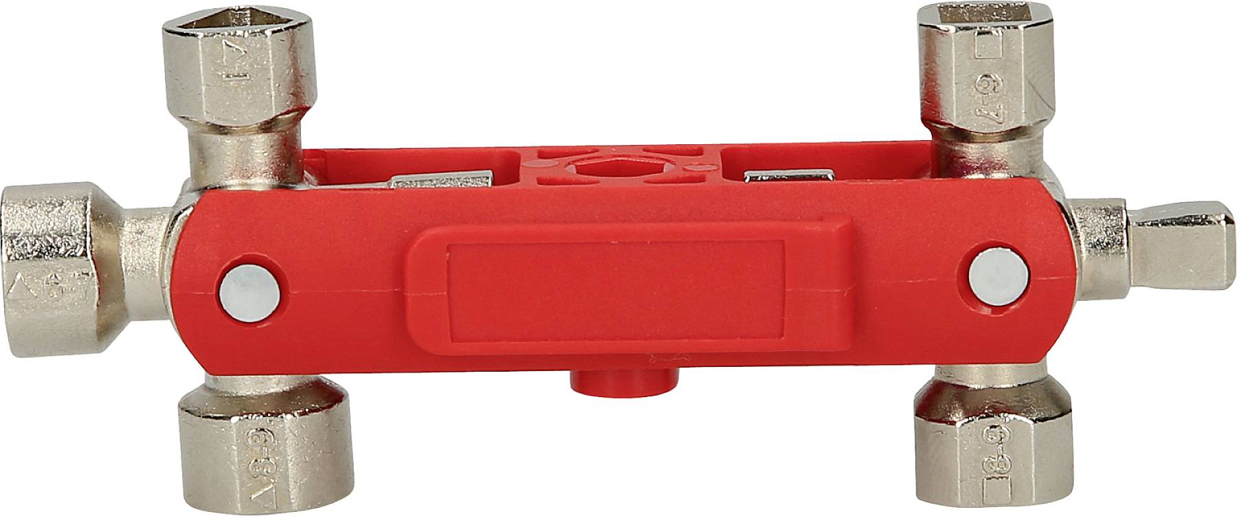 Rotes Multifunktionswerkzeug mit vier verschiedenen Steckschlüsseln an den Enden, zur Installation und Wartung von Heizsystemen.