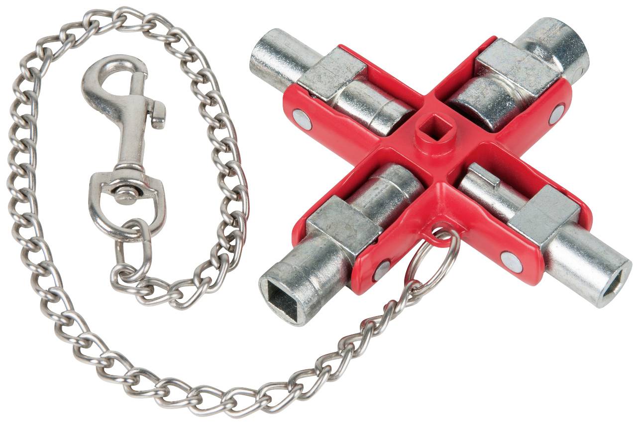 Vierkantschlüssel mit Kette, bestehend aus vier unterschiedlichen Schlüsseln, dient zum Öffnen technischer Anlagen und Versorgungsanlagen.
