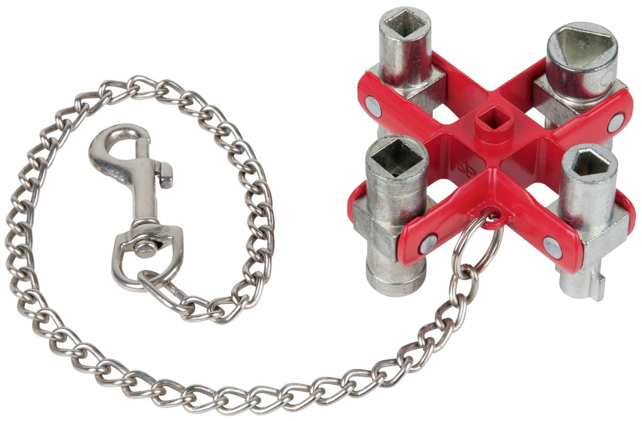 Roter Steckdosenschlüssel mit Kettenclip, geeignet zum Öffnen von Gehäusen oder Wartungskästen.