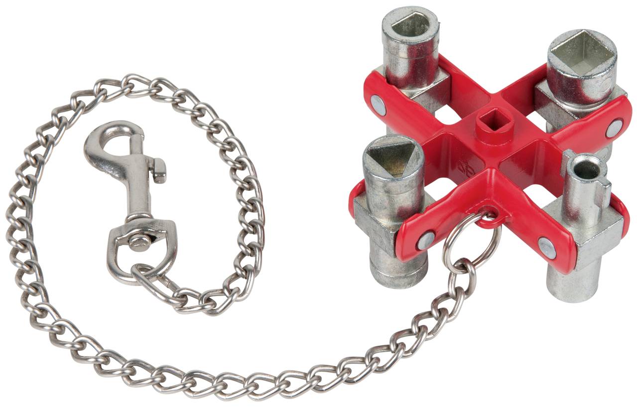 Roter Universalschlüssel mit vier verschiedenen Formen für Spezialschlösser, befestigt an einer kurzen Metallkette mit Haken.