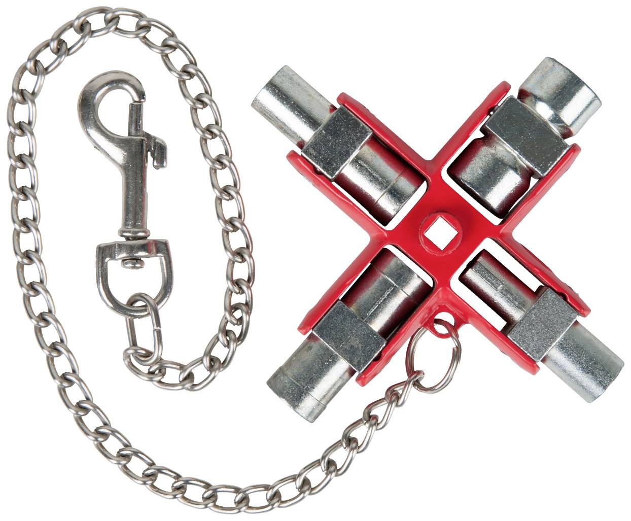 Ein roter X-förmiger Vierkantschlüssel mit vier verschiedenen Größen und einer Kette mit Haken. Dient zum Öffnen technischer Schaltschränke.