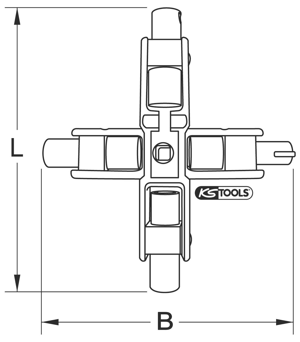 'KS Tools' Vierkant-Teleskop Schlüssel für Heizkörper-Entlüftung und Schrankverschlüsse, in Kreuzform. Maße: Länge (L), Breite (B).