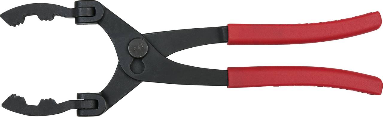 Rote, handbetätigte Rohrzange mit schwarzem, gezahntem Greifkopf. Eignet sich zum Greifen und Drehen von Rohren.