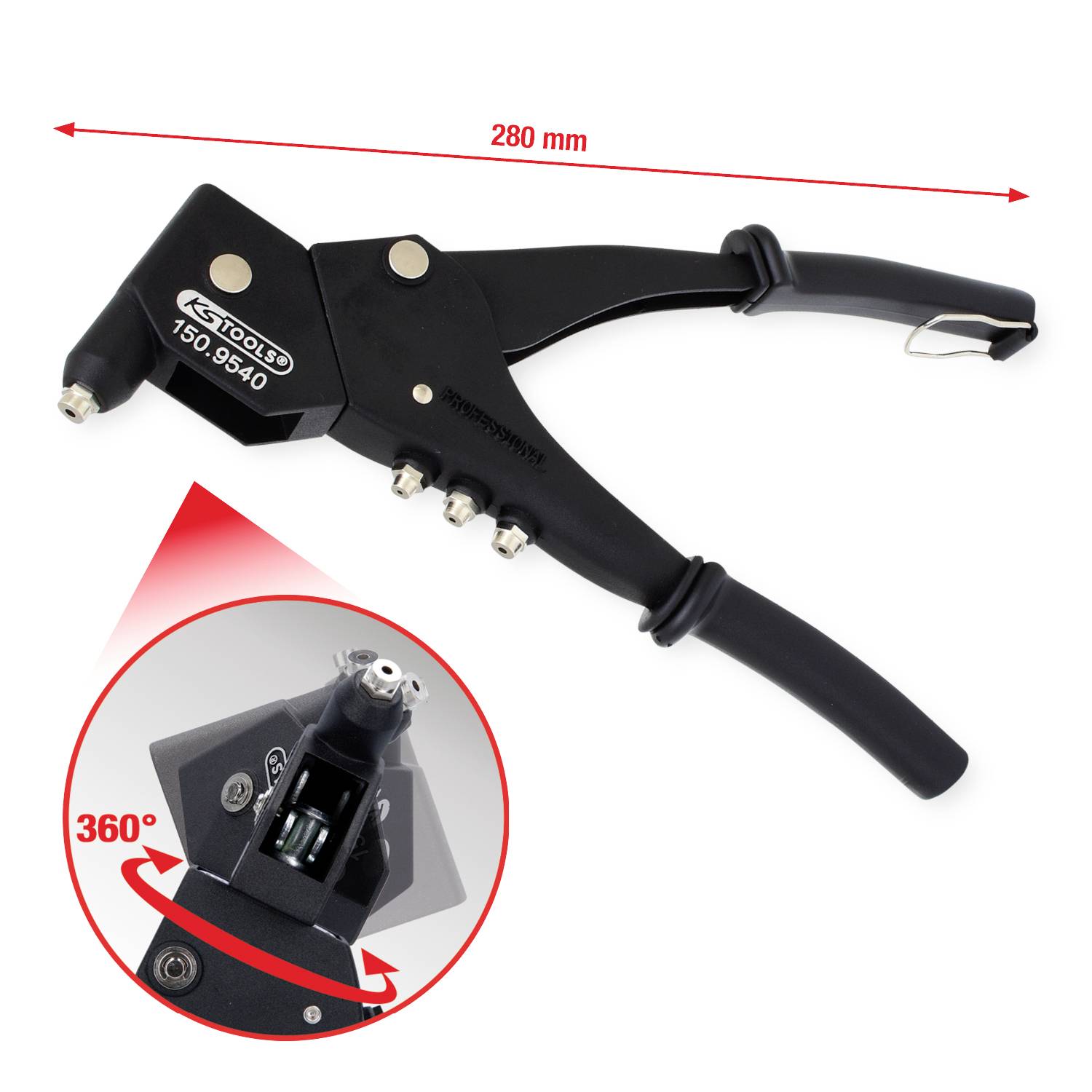 Handnietzange mit 360-Grad-Drehkopf, 280 mm lang, Markenname 'KS Tools'.