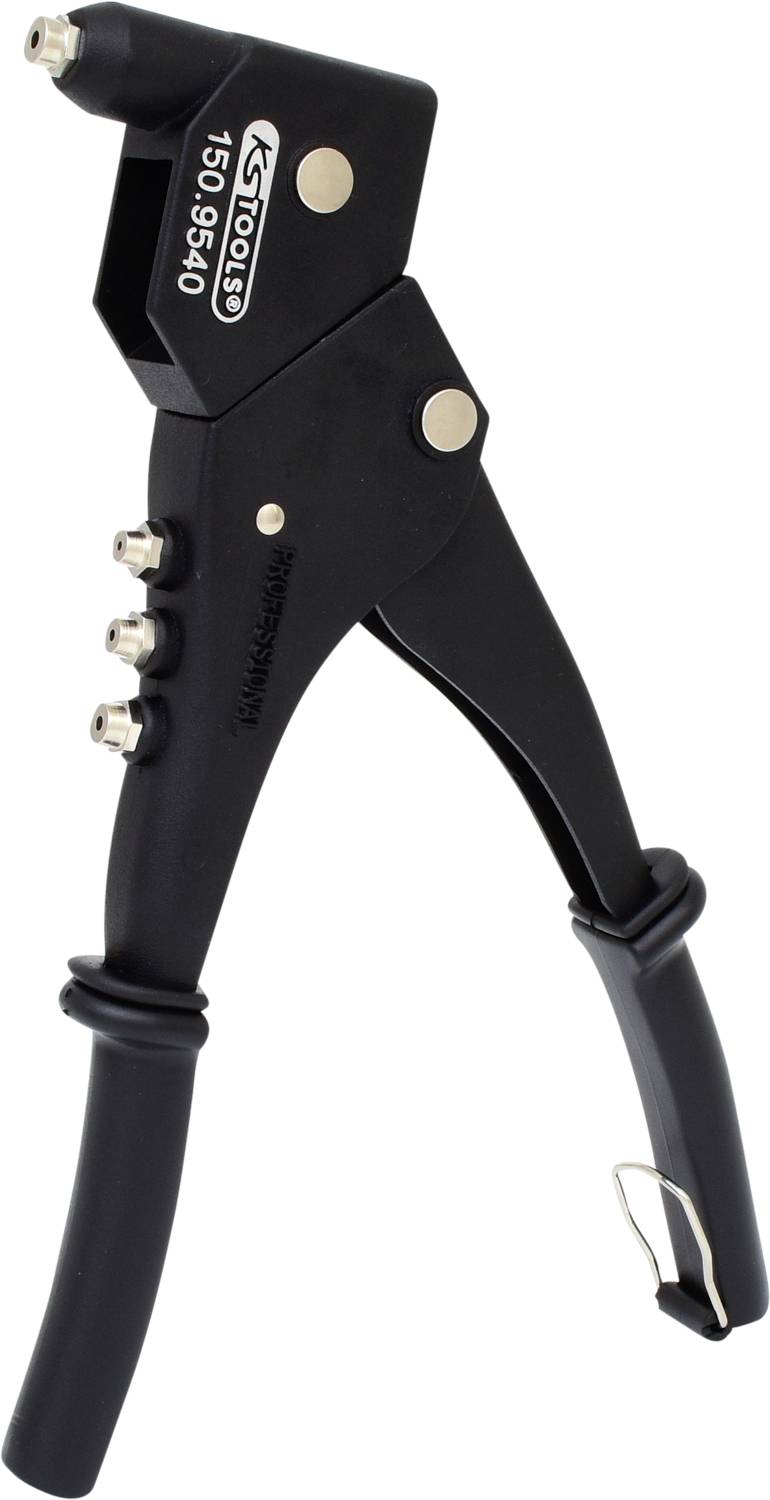 Eine schwarze Nietzange mit vier auswechselbaren Aufsätzen an der Seite. Sie ist aus Metall und hat ergonomische Griffe.