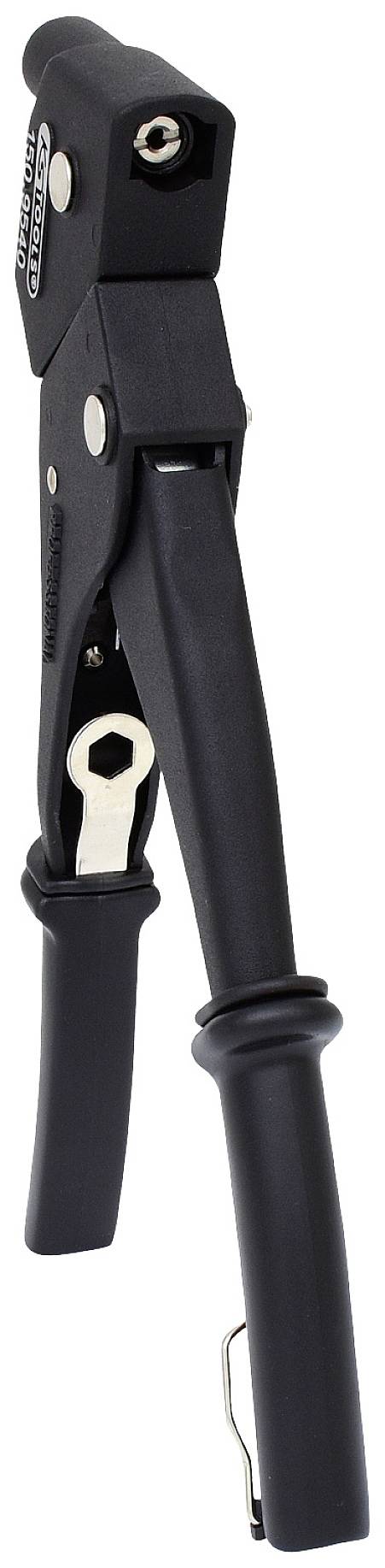 Schwarze Handnietzange mit ergonomischem Griff in vertikaler Ansicht, nutzbar für Blechverbindungen in handwerklichen Anwendungen.