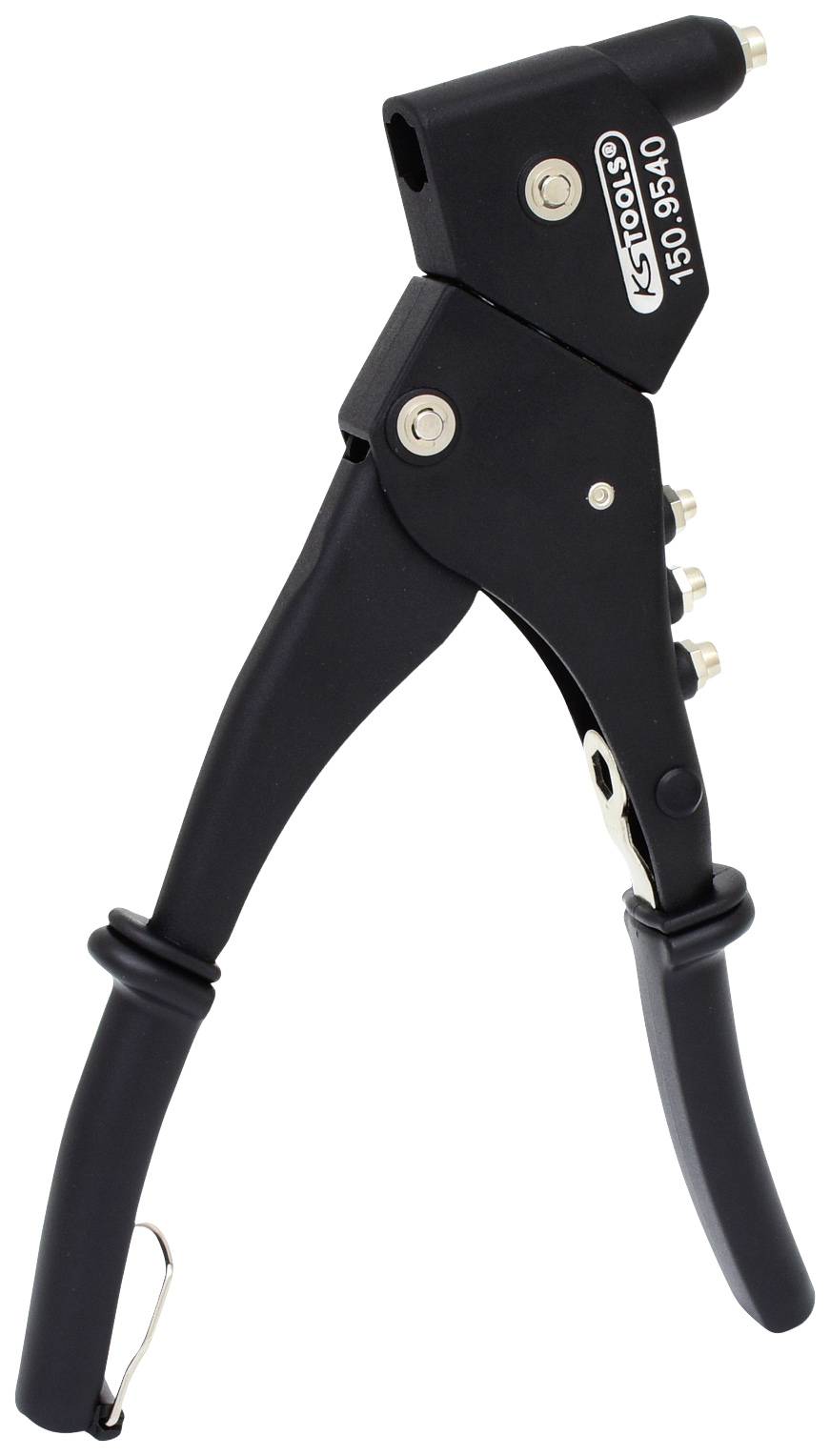 Handnietzange mit ergonomischem Griff und verstellbarem Kopf, geeignet für unterschiedliche Nietenarbeiten. Schwarzes, robustes Design.